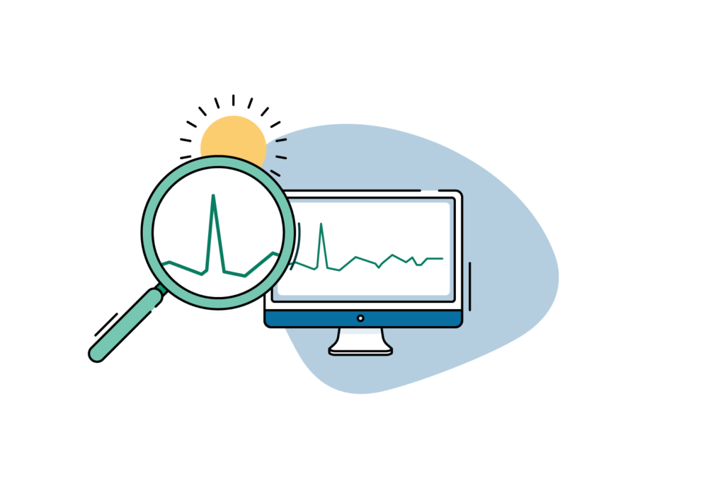 Illustration of a magnifying glass and a laptop.