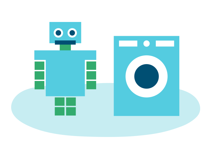 An illustration of a robot standing next to a washing machine.